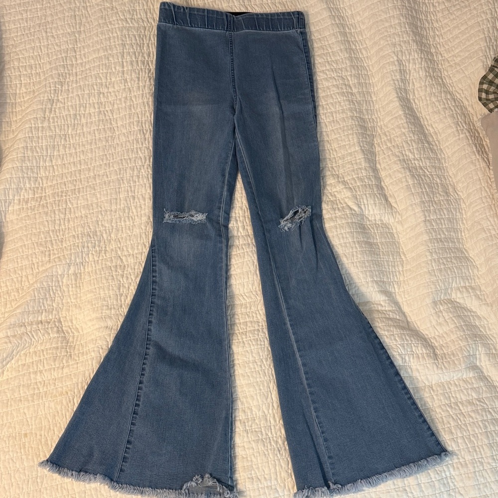 Newbury Kustom Blue Flare Jeans with Distressed Knees